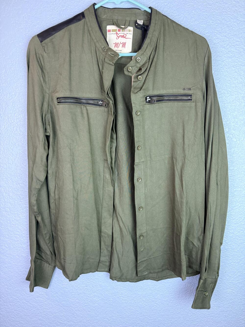 Triple Five Soul Shirt uni Medium Green Band Collar Pocket Button Up TLF182223